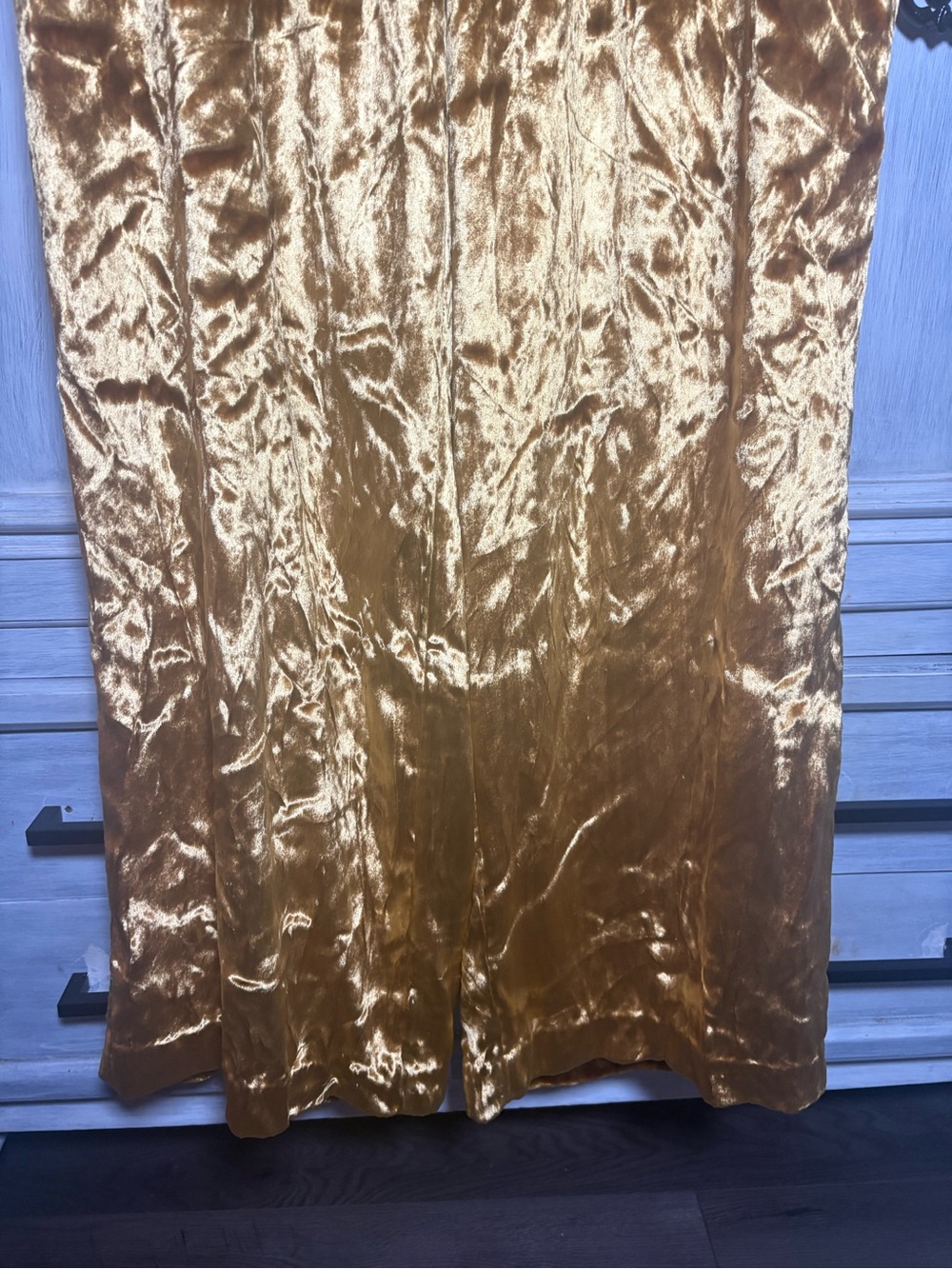 Anthropologie Maeve Gold Crushed Velvet Wide Leg Pants Boho Chic Preppy Festive - Picture 6 of 8